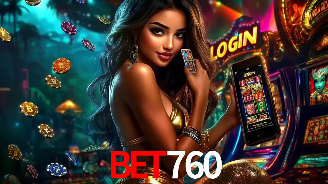 Mulher em um cenário de cassino temático de aventura, mostrando o app de caça-níqueis da bet760 no celular. Fichas de apostas flutuam ao redor.