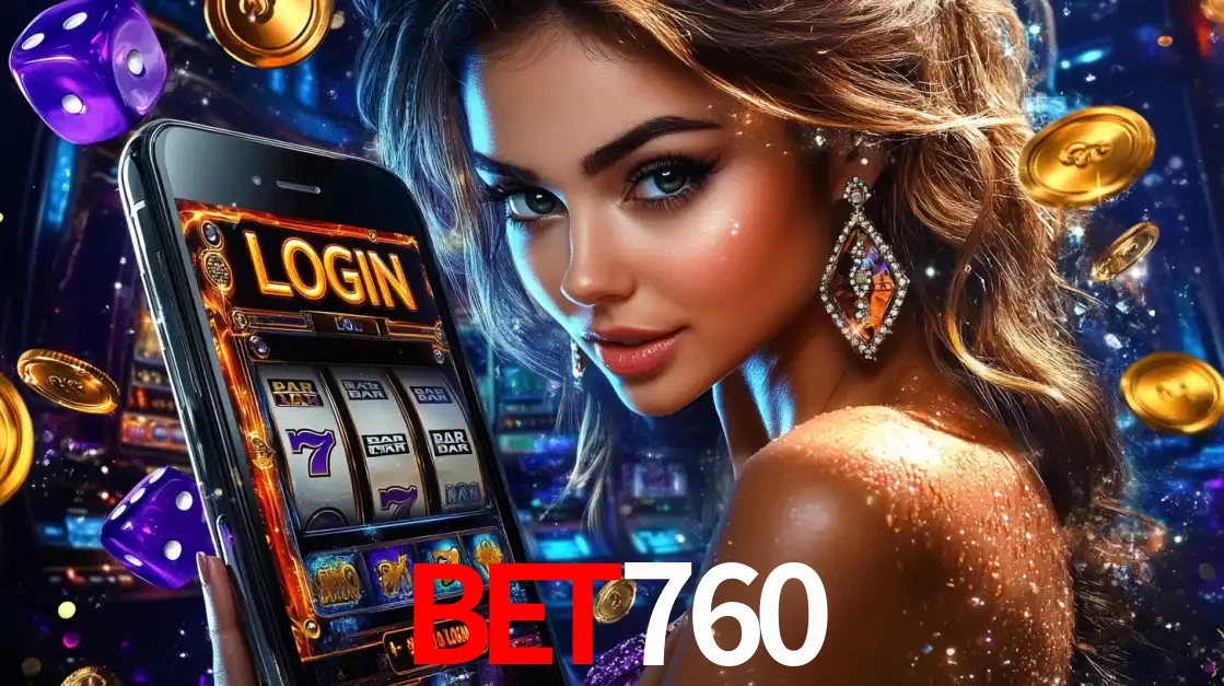 Mulher glamorosa segurando um smartphone com a tela de login para os jogos de caça-níqueis do cassino online bet760, com moedas de ouro e dados ao redor.