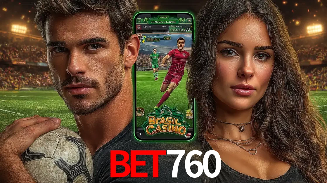 Homem segurando uma bola de futebol e uma mulher ao lado de um smartphone exibindo o jogo de apostas esportivas da bet760. Faça seu palpite no cassino online.
